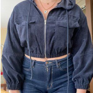 Cropped Blue Corduroy Zip-Up Jacket